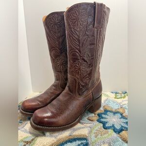 Vintage Frye Campus Floral Stitched Western Cowgirl Leather Boots Size 10 Rare